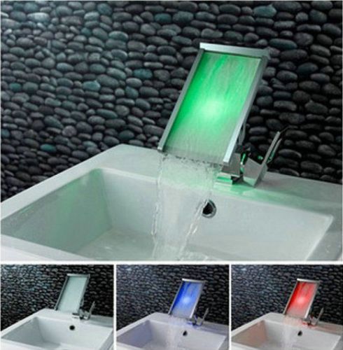 Water powered LED waterfall brass vessel sink single handle faucet mixer taps hg