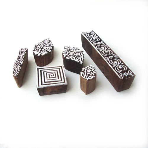 Hand carved geometric &amp; floral pattern wooden printing tags (set of 5) for sale