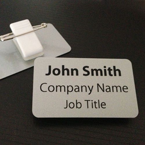 Personalised Name Badge. PVC, metallic finish, Silver or Gold, size 54 x 32 mm