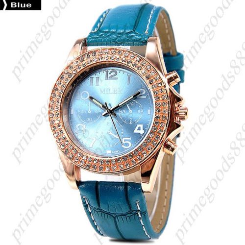PU Leather Rhinestones Analog Quartz Lady Ladies Wristwatch Women&#039;s Blue