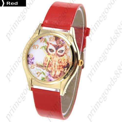 Owl Bird Round PU Leather Lady Ladies Wrist Quartz Wristwatch Women&#039;s Red
