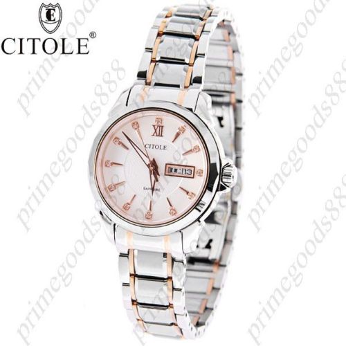 Round stainless steel quartz wrist dual date free shipping gold golden women&#039;s for sale