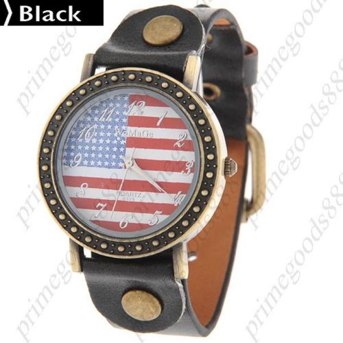 American Flag Quartz PU Leather Wrist Wristwatch Free Shipping Women&#039;s Black