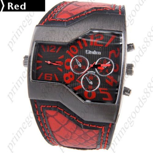 Dual Time Display Quartz Wrist Synthetic Leather Band Men&#039;s Free Shipping Red