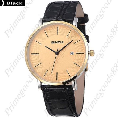 Genuine Leather Thin Strap Quartz Analog Date Wrist Men&#039;s Wristwatch Black Gold