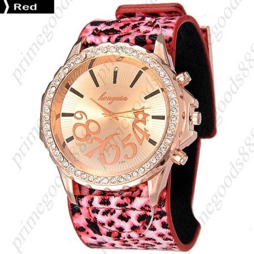 Leopard Rhinestones PU Leather Analog Quartz Wrist Wristwatch Women&#039;s Red