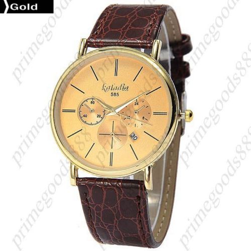 PU Leather False Sub Dials Date Gold Analog Quartz Men&#039;s Wrist Wristwatch Golden