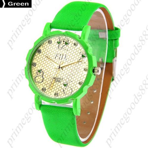 Gear Round Analog PU Leather Lady Ladies Wrist Quartz Wristwatch Women&#039;s Green