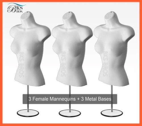 3 White Female Mannequin Torso w/Metal Stand + Hanging Hook Dress Form Women NEW