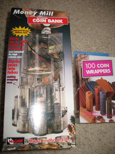 Money Mill Motorized Coin Bank + 100 extra Coin Wrappers NIB MAGNIF 4501 &amp; 4510