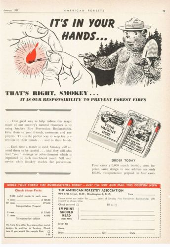 1955 AMERICAN FOREST SERVICE FIRE MATCHS LUMBER TREE SMOKEY THE BEAR CAMPAIGN
