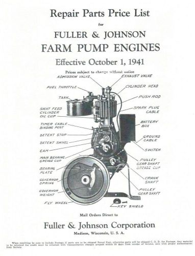 Fuller &amp; johnson farm pump engines book motor parts list operating instructions for sale