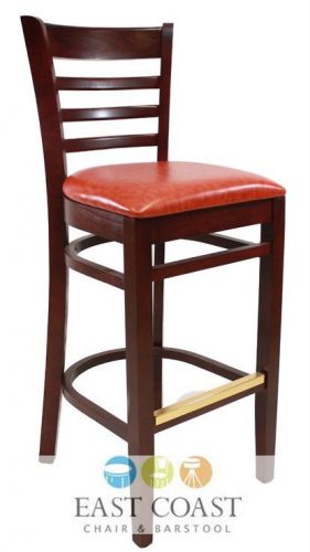New wooden mahogany ladder back restaurant bar stool with orange vinyl seat for sale