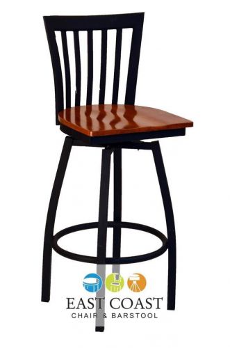 New Gladiator Full Vertical Back Metal Swivel Bar Stool with Cherry Wood Seat