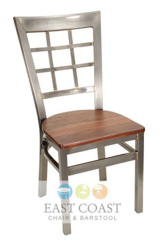 New gladiator clear coat window pane metal restaurant chair, reclaimed wood seat for sale
