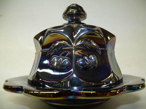 amethyst carnival Glass domed butter dish cherry and cable pattern purple black