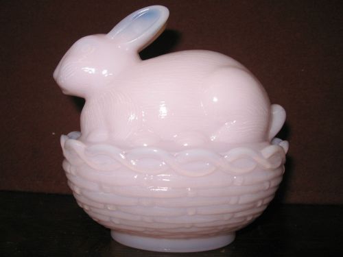 Pink milk glass bunny rabbit on nest basket candy dish easter eggs crown tuscan