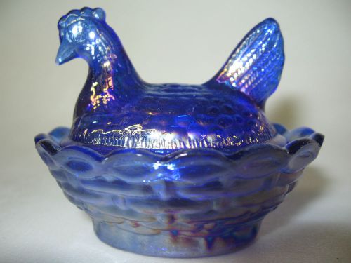 Cobalt blue carnival glass salt celt hen chicken on nest basket dish rooster art