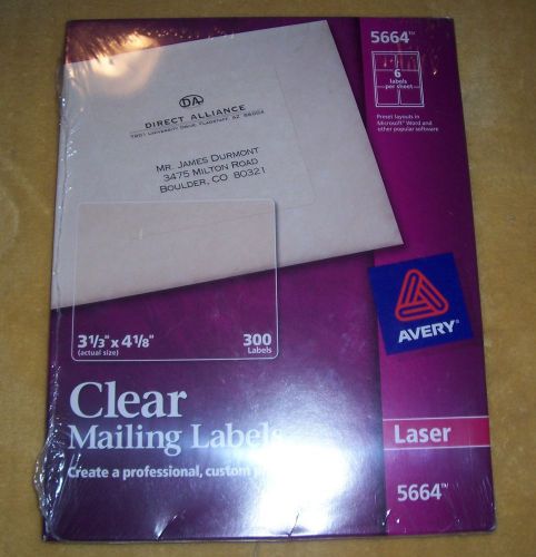 Avery 5664 - Clear Laser Labels - 50 Sheets - 300 Labels - 3 1/3&#034; x 4 1/8&#034; - NIB