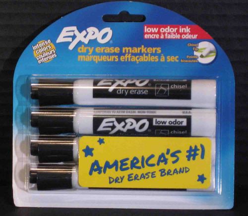 EXPO Dry Erase Markers 4 Pack Black Chisel Tip Low Odor Ink Intense Colors