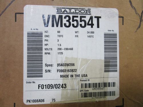 Baldor #vm3554t electric motor 1-1/2 hp, 1725, 145tc, 208-230/460-3 phase new for sale