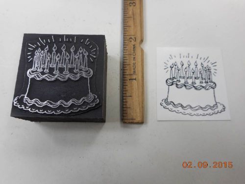 Letterpress Printing Printers Block, Birthday Cake w Many Glowing Candles