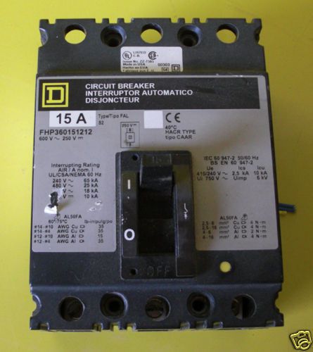 15 Amp Square D Circuit Breaker MODEL FHP360151212