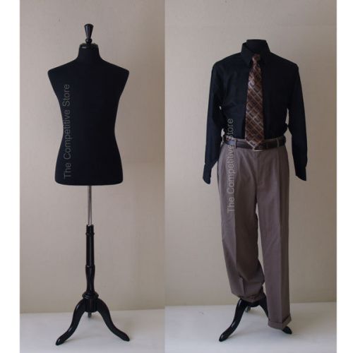 Black Male Mannequin Jersey Dress Form Size 38-40 W/ Natural Tripod Wooden Base