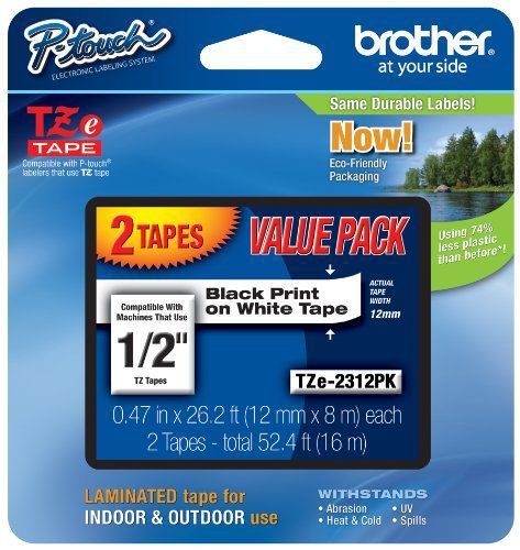 New brother laminated black on white tape 2pack tze2312pk free shipping for sale