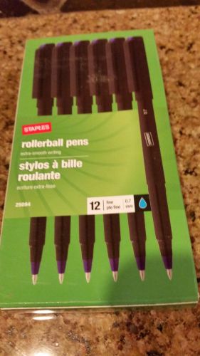 New 12-Count Staples Rollerball Pens Black Barrel Blue Ink 0.7mm Fine Point