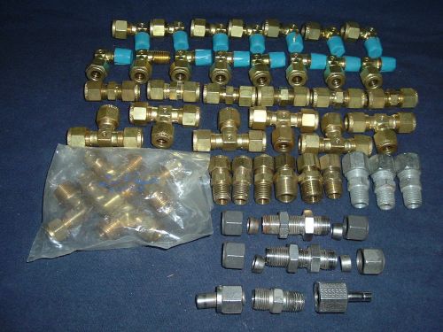 3/8 tube compression / swagelok fittings lot of tees, elbows, males, &amp; unions for sale