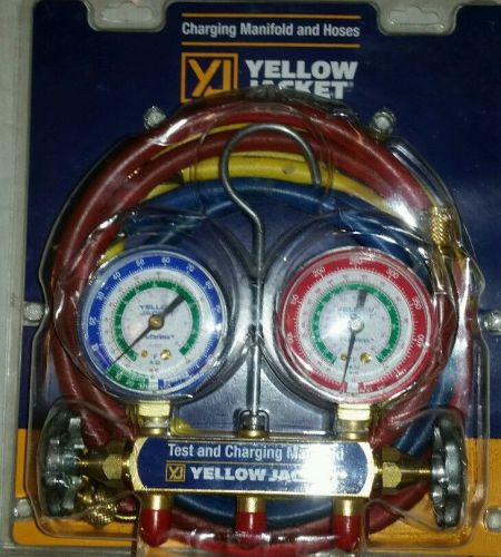 Yellow jacket 41215 series 41 solid brass manifold, red &amp; blue 3 1/8 gauges, for sale