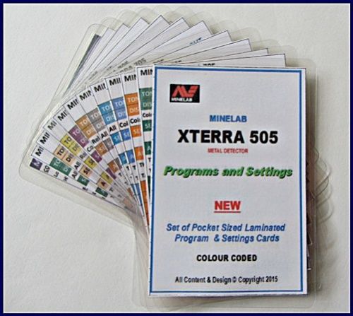 Minelab XTERRA 505  Metal Detector Program Cards. Pocket Sized. Waterproof. NEW