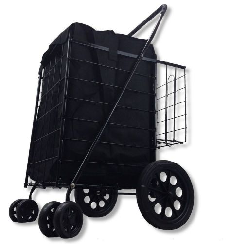 Folding Shopping Cart.Heavy Duty Metal Body.Extra Basket.Swivel.Free Liner