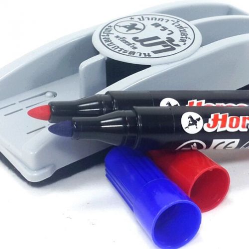 Whiteboard Pen Maker Blue Red 2mm. Eraser Holder Set of 3 Classroom Office