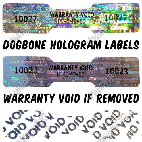 1020x DOGBONE Security Hologram Stickers NUMBERED, 45mm x 10mm, Warranty Labels