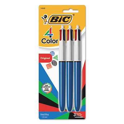 4-Color Retractable Ballpoint Pen, Assorted Ink, 1mm, Medium, 3/Pack, 1 Package