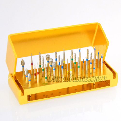 30 Pcs Dental Diamond Burs Drill + Disinfection Bur Block High Speed Handpieces