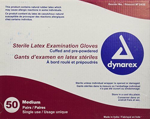 Dynarex 2432 Sterile Latex Exam Gloves, Individual Peel-Open Package, Medium of