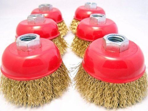 (6-pack) 3&#034; cup brush 5/8-11nc brass coated crimped steel wire 0.012-inch 0.3mm for sale