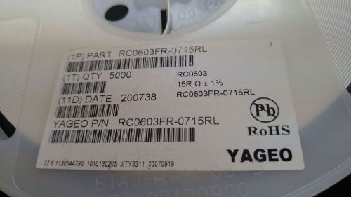 5000 X YAGEO RC0603FR-0715RL RES SMD 15 OHM 1% 1/10W 0603