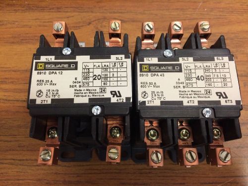 Square D Contactors 40 Amp 3 Pole and 20 Amp 2 Pole Used