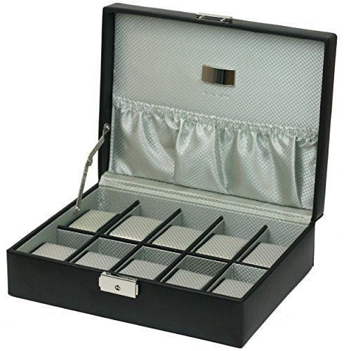 10 Watch Box Black Leather Case Engravable Plaque