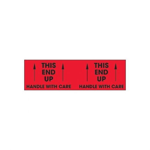 Tape Logic Labels This End Up H&amp;le With Care 3x10 Fluorescent Red 500 Per Roll