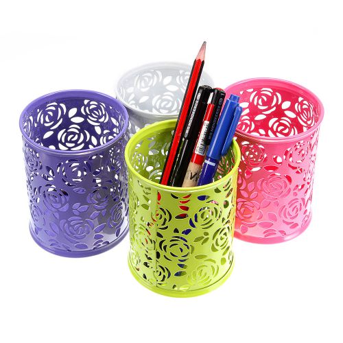 Stationery -Metal Tubular Penrack Brush Pot Pen Container Hollow Style Cylinder