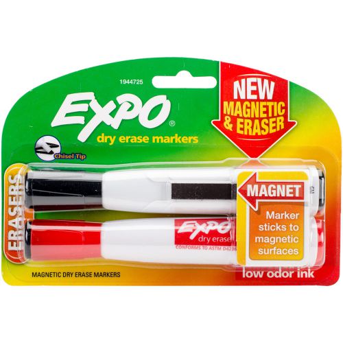 Magnetic Dry Erase Chisel Marker With Eraser 2/Pkg-Black &amp; Red 071641099326