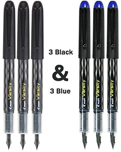 Pilot Varsity Disposable Fountain 6 Pack Combo, 3 Black Pens and 3 Blue Pens