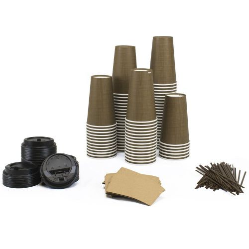 Paper Hot Cups Sets (100 Count) - 16 oz Cups, Lids, Sleeves, Straws