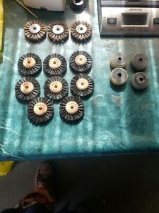 lot of 11 MIRRUS feeder brush wheels 50mm diameter. 1/4&#034; bore.plus 4 solid free.