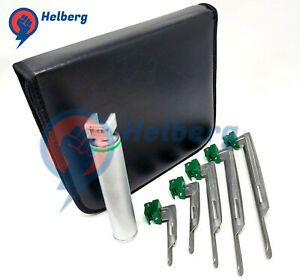 SET OF 6 FIBER OPTIC MILLER LARYNGOSCOPE BLADES AND HANDLE INTUBATON KIT SET